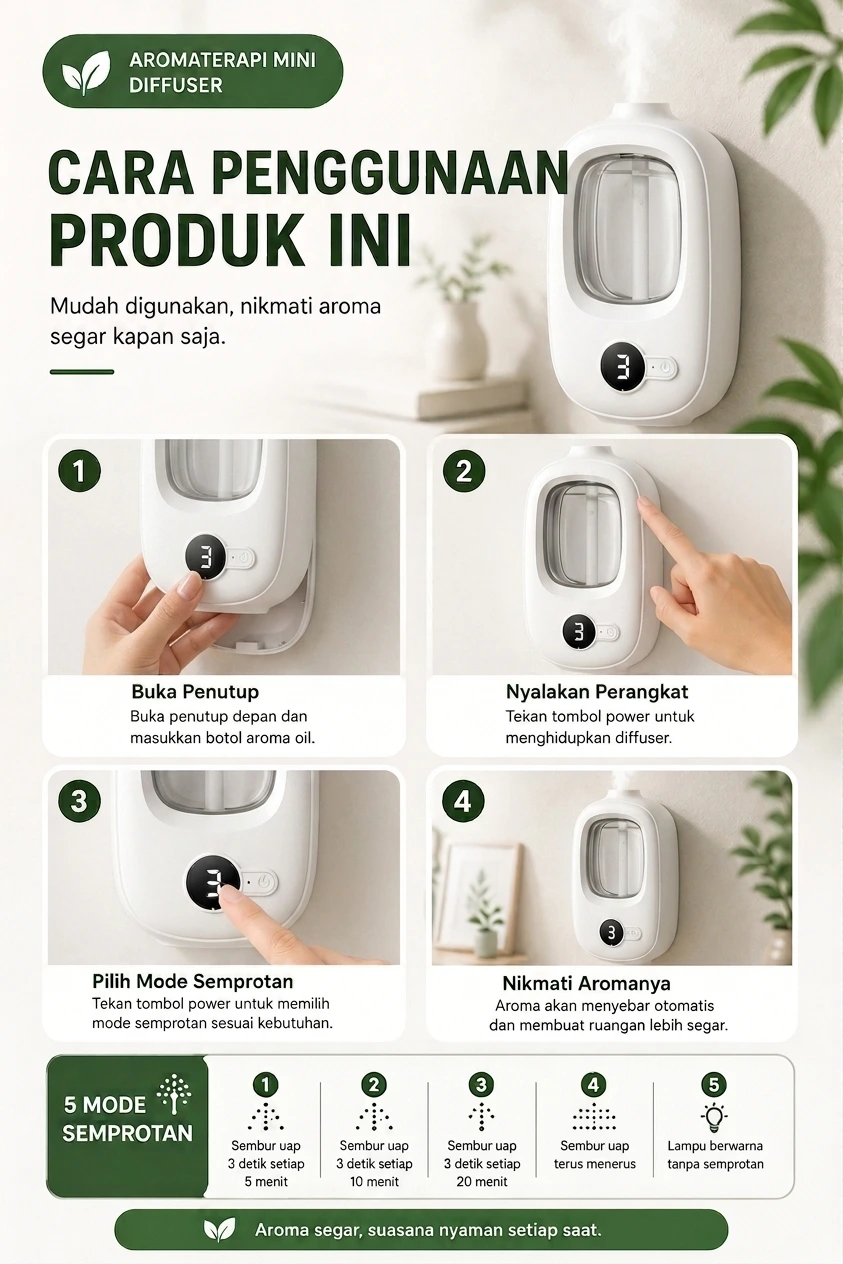 Cara Penggunaan Aromaterapi Mini Diffuser & 5 Mode Semprotan