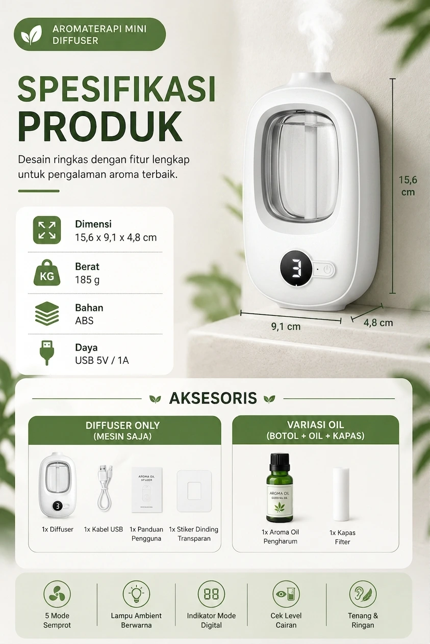 Spesifikasi Aromaterapi Mini Diffuser — Dimensi, Berat, Bahan, Daya, Aksesoris