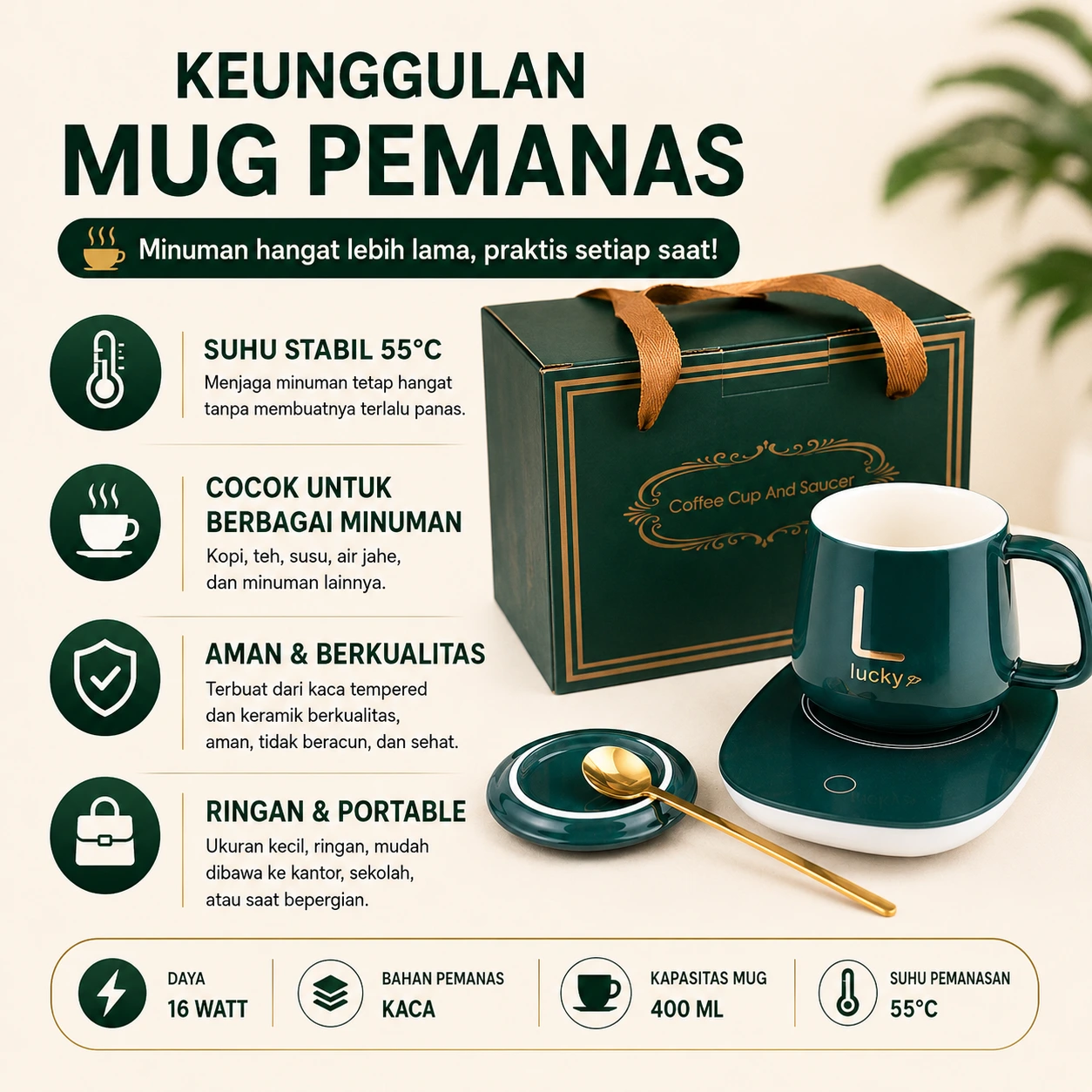 Keunggulan Mug Pemanas — Suhu Stabil 55°C, Cocok Berbagai Minuman, Aman & Berkualitas, Ringan & Portable