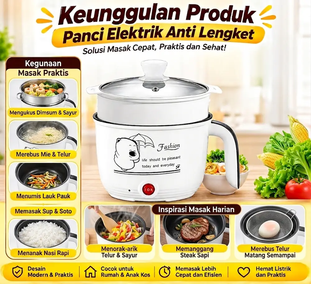 Keunggulan Panci Elektrik Anti Lengket — Kukus, Rebus, Tumis, Masak Nasi