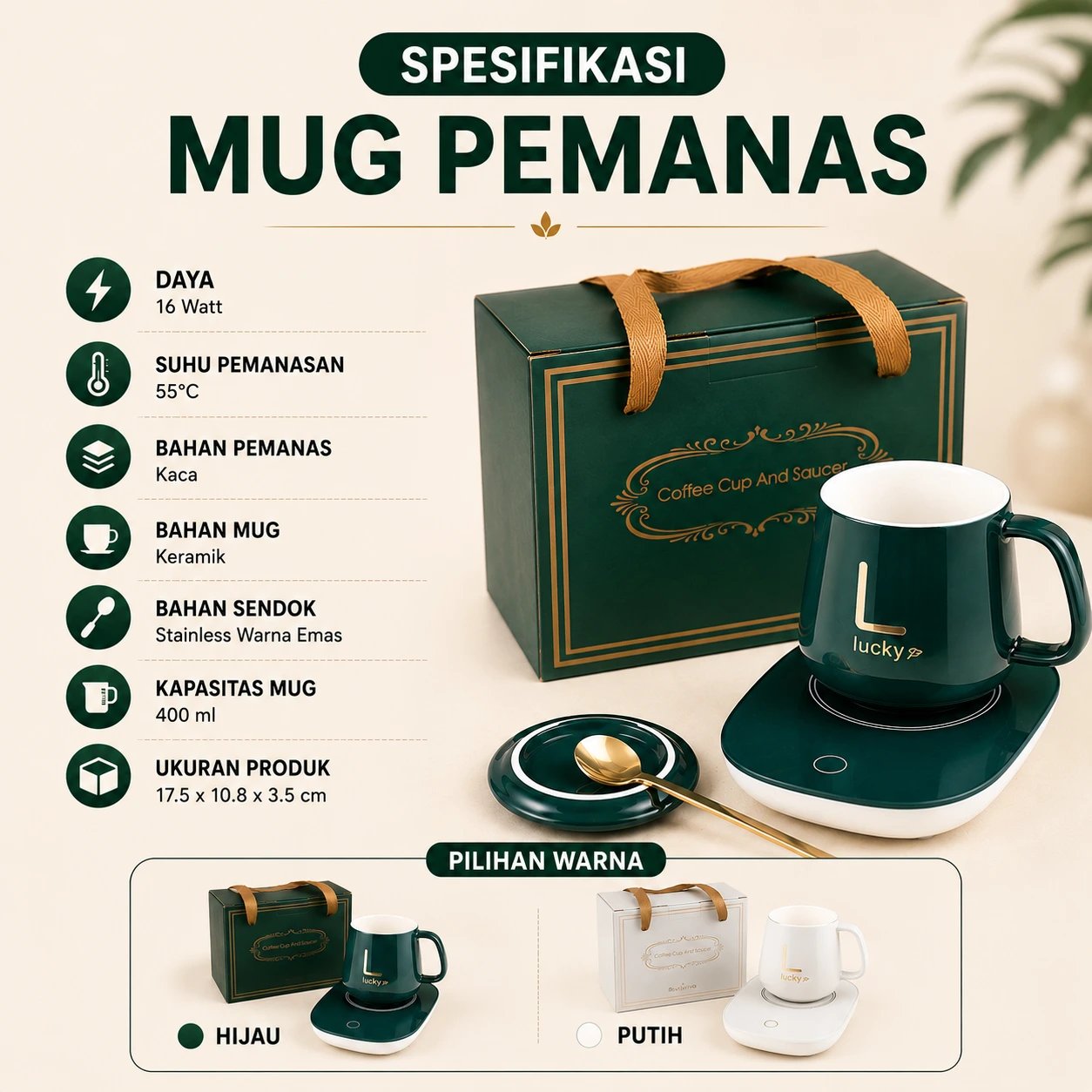 Spesifikasi Lengkap Mug Pemanas — Daya, Suhu, Bahan, Kapasitas, Ukuran, Pilihan Warna